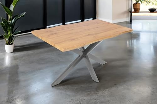 SAM Esstisch Josy 120x80 cm Holz Wildeiche-Optik Spider-Gestell Silber | 40 mm Tischplatte mit Baumkante, Metallgestell, Tisch für Esszimmer & Küche