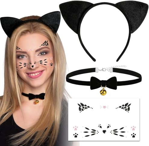 BOFUNX Katzen Kostüm Accessoires, Katzenohren Haarreif + Katzen Gesicht Sticker + Schleife Halsband für Karneval Damen Katzenkostüm