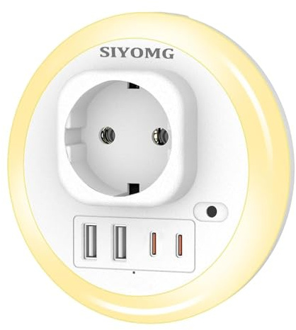SIYOMG LED Nachtlicht Steckdose mit Dämmerungssensor, 2 USB ports und 2 USB-C ports (3.6A), 6 Lichtfarben Einstellbar, Helligkeitssensor-Auto/ON/OFF mit Lichtsensor