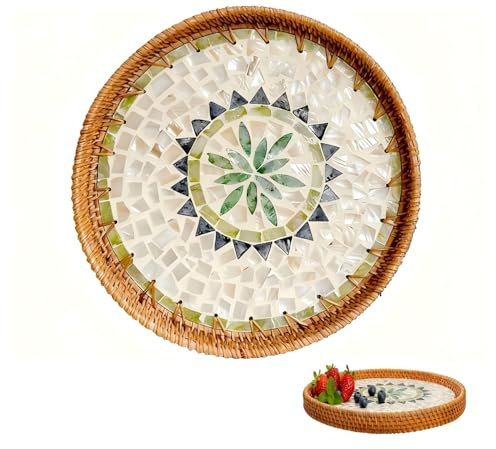 Tissting Bandeja Redonda de Ratán, Bandeja Tejida de Ratán, Bandeja de Servir Moderna y Bohemia, Platos Decorativos Tejidos a Mano para Mesa de Comedor (bohemia)
