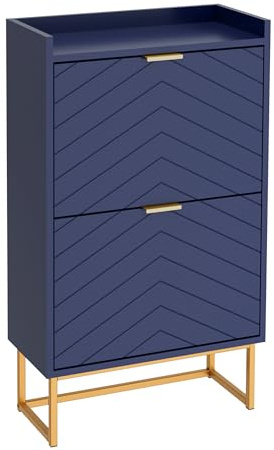 UEV Schuhschrank mit 2 Klappen Schmal, Schuhkipper 50x24x103,5cm (Blau) | Schuhkommode mit Kippschutz & Verstellbare Trennwände für Verschiedene Schuhtypen, Flurschrank für Flur Wohnzimmer