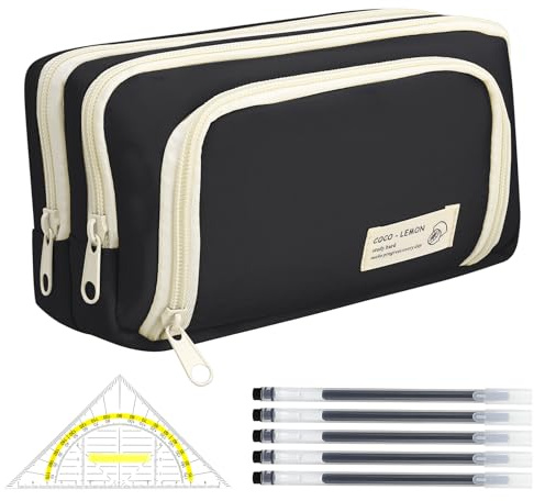 Candcamp Large Capacity Pencil Case, Big Capacity Pencil Bag with 5 Pens & Triangle Ruler, Pen Pouch for School Supplies, Students, Teens,Adults, Cute Pencil Case for Girls Boys, Back to School Gift