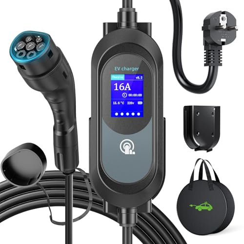 EVJUICION Ladekabel Elektroauto Typ 2 Schuko [3,68kW|8-16A |6m],ladekabel typ 2 schuko mit Ständer,2,4-Zoll-LED-Bildschirm mit Zeitverzögerung,Typ 2 Ladekabel Schuko für EVs & PHEVs,IP67/IP65