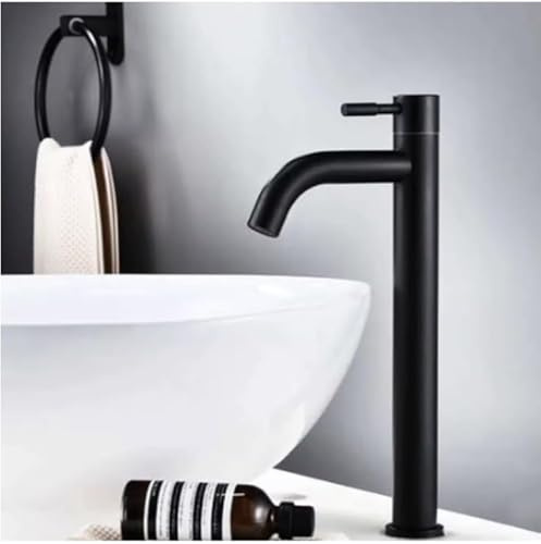 Robinet Lavabo Eau Froide, Haut 29cm, en Acier Inoxydable, Flexible de 60 cm inclus, Style Moderne, Lave main, lavabo WC, Uniquement Eau Froide (Noir)