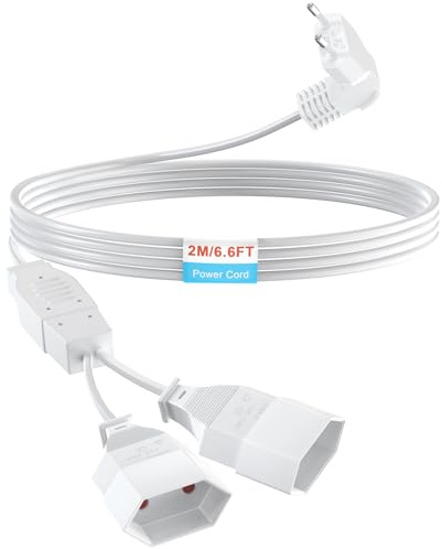 Verlängerungskabel 2-Fach Eurostecker, Euro Verlängerung 2M Netzkabel, 2-in-1 Stromkabel Dreifach Typ-C-Stecker, 0,75 mm² Max.2,5A/250V für TV PC Computer Monitor Beamer Lampe, Weiß