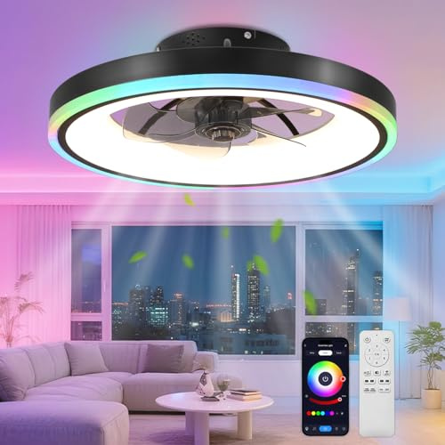 TYJY RGB Modernité Ventilateur Plafond Silencieux avec Lumiere, 60W LED Dimmable(3000K-6500K) RGB Lampe Ventilateurs de Plafond avec Télécommande APP, Minuterie, 6 Vitesses, pour Salon, Chambre, Noir