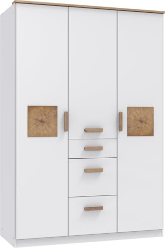 Drehtürenschrank >Gotland< Weißer Korpus mit Türen in Weiß und Hirnholz-Nachbildung, 135x199x58 cm, 3 Türen, 3 Schubladen, 3 Kleiderstangen, Made in Germany - Modernes Babyzimmer Möbelstück