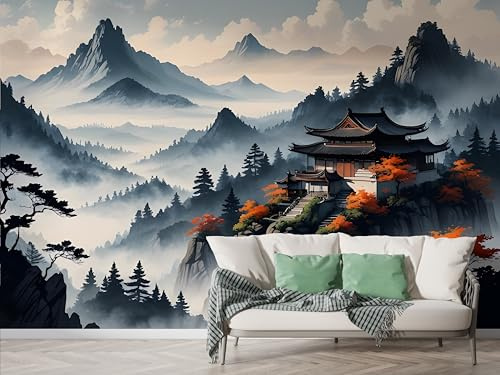 Selbstklebende Tapete Japanisch Berg Wandbilder, Vlies Fototapete mit Japan Kirschblütenlandschaft Motiv, 3D Effekt Wandtapete Deko, Abziehen & Aufkleben, 250x175 cm - M-669