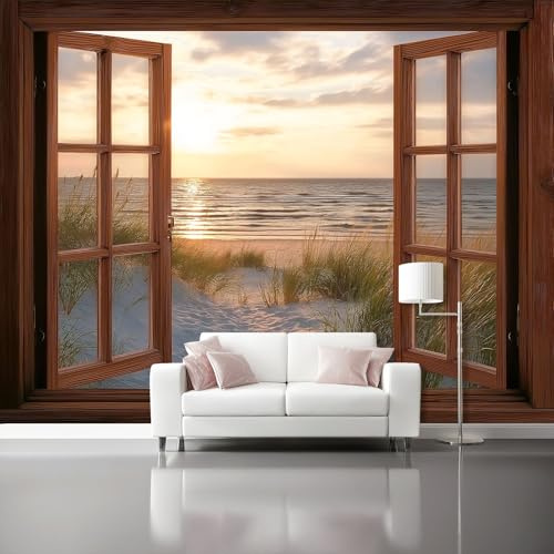 Fotomurales Ventana de madera con vista al mar Papel Tapiz Moderno 350 x 256 cm Papel pintado tejido no tejido coración Pared corativos Sala Living Oficina Dormitorio Naranja Azul
