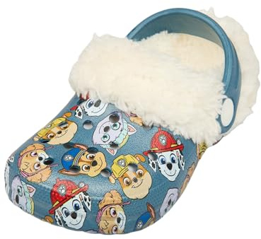 Paw Patrol Boys Fur Lined Clogs – Kids Winter Slippers Featuring Marshall, Chase & Skye – Blue Slip On Shoes (Blue UK 6-EU23)