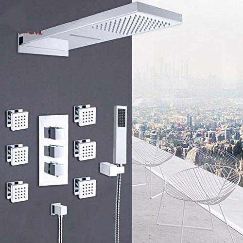 MYUYEE Set Doccia termostatico con Rubinetto Cromato soffione a Cascata 6 getti idromassaggio Miscelatore termostatico a 4 Vie Kit Doccia per Vasca,