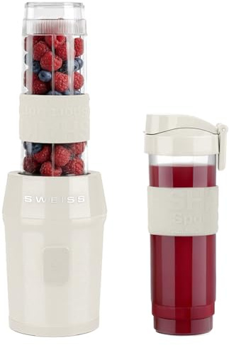 SWEISS Mini Blender, Mixeur Portable, Smoothie MOOV8, 2 Gourdes de 570 ml avec Couvercles de Voyage, 4 Lames Inox, 300W, Compatible Lave-Vaisselle, Beige