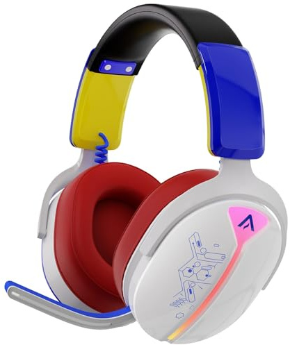 Buwnia Gaming Headset Wireless, Headset mit Mikrofon für ps5 ps4, PC, Switch, Bluetooth 5.3, 7.1 Surround Sound, Extrem niedrige Latenz(<25ms), 40 Stunden, RGB Lichter, Rot, Blau und Weiß