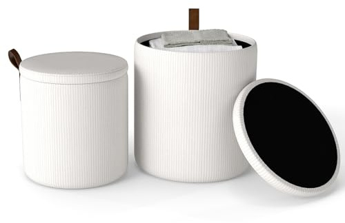 COSTWAY 2er Set Sitzhocker mit Stauraum 25L / 40L, stilvoller Hocker mit Deckel, Schminkhocker Cord, Fußhocker verschachtelbar, Polsterhocker rund, für Wohnzimmer, Schlafzimmer & Flur (Weiß)