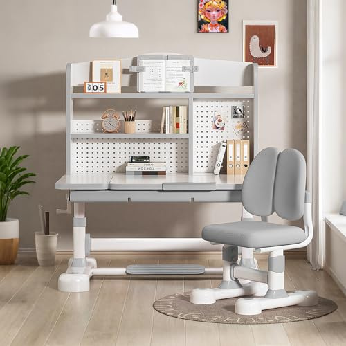 joukares Kids Desk and Chair Set, Height Adjustable Learning Study Table Ergonomic Student Workstation 50 Degree Tilting Desktop Storage Drawer Bookshelf Hand Crank Desk for Ages 3 to 12 (Grey)