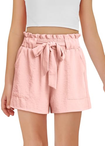 Haloumoning Mädchen Shorts Sommer Einfarbig Kurze Hose Kinder Hohe Taille Niedlich Rüschen Shorts mit Taschen 5-14 Jahre, Rosa, 7-8 Jahre