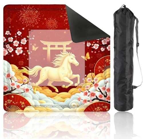 Mahjong Mat for Table Golden Horse Cherry Blossoms Fireworks Traditional Japanese Style 31.5 x 31.5 Non-Slip Noise-Reducing Game Mat Premium Mahjong Accessories for Poker Dominoes Hosting