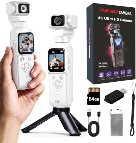 4K Handheld Vlogging Camera with WiFi, Outdoor Pocket Gimbal Camera, 330° Rotating Lens Handheld Video Camcorder, 64MP Fast Focusing Face Tracking, 3-Axis Stabilizer for Travel Vlog (White, 64G)