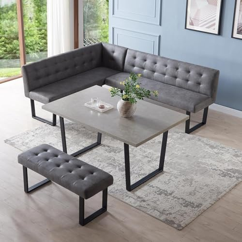 JIEXI Eckbank-Set mit Esstisch, Grau, Gepolsterte Tufting-Bänke, L-Form, 180 x 140 cm, Sitzhöhe 48 cm (180cm Eckstuhl mit Rechtskurve + Bank, ohne Tisch)