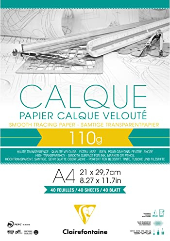 Clairefontaine 975106C Block Transparentpapier (DIN A4, 21 x 29,7 cm, 40 Blatt, 110 g, ideal für technische Zeichnen) transparent