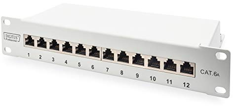 DIGITUS Cat-6A Patchpanel - 12 Ports - RJ45-Buchsen - 10-Zoll Rack-Mount 1HE - LSA Verteilerfeld - Geschirmt - Grau