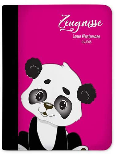 CreaDesign Zeugnismappe A4 mit Namen personalisiert – Panda Bär Pink – für Mädchen – Dokumentenmappe Schule ohne Klarsichthüllen