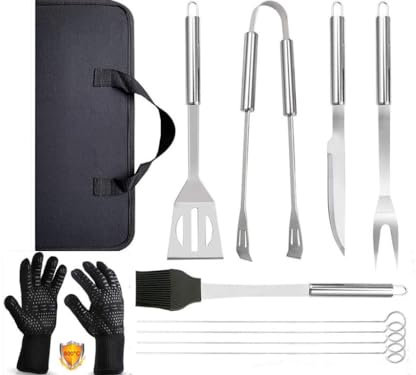 Set 9 pezzi Utensili barbecue+Guanti da Barbecue,Acciaio Inox Set Di Attrezzi,Guanti da forno Doppio Resistente al Calore - 1472 ° F / 800 ° C,per Barbecue, Grigliate, Cottura al forno, Camino