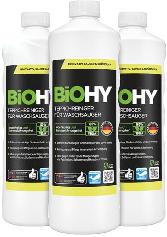 BiOHY Teppichreiniger für Waschsauger (3 x 1 Liter) | geeignet für alle Waschsauger | entfernt Flecken und Schmutz mühelos | Reinigung und Pflege in einem | materialschonend & tierfreundlich
