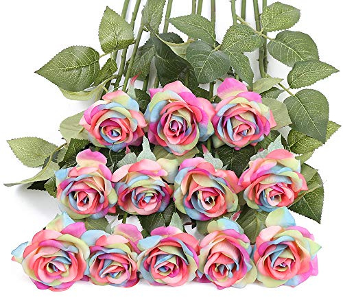 IPOPU Künstliche Rosen, fühlen Sich echt an, Regenbogen-Blumen, künstliche Blumen für Blumenarrangements, Seidenblumen mit einzelnem Stiel, Zuhause, Hochzeit, Party, Garten, Brautschmuck (Regenbogen)