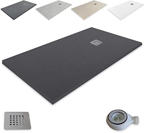 Plato de Ducha Resina Extraplano outletaseo – Todas las medidas disponibles - Antideslizante Textura Pizarra - Incluye Válvula desagüe+Rejilla (100x70, Negro RAL9005)