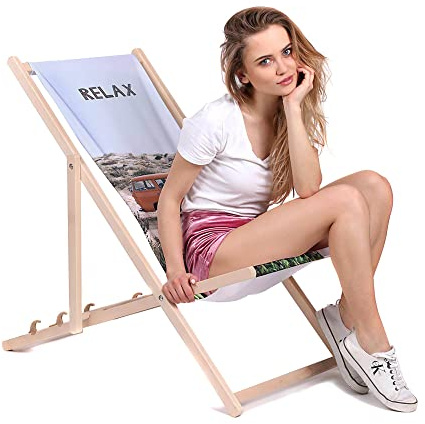 DreamRoots Liegestuhl klappbar Buchenholz, Relax | Klappliegestuhl Holz, Buchenholz, bis 130 kg, 3-fach verstellbar, waschbarer Polyesterbezug, für Garten & Terrasse