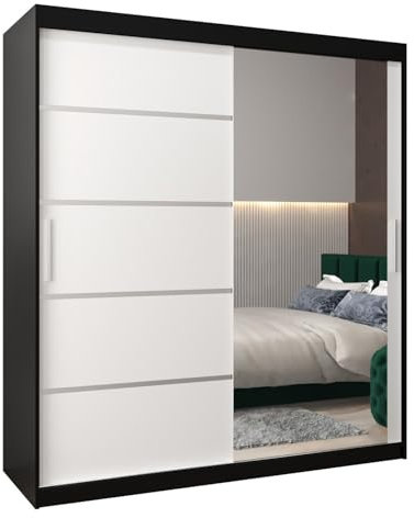 MEBLE KRYSPOL Kleiderschrank mit Spiegel Verona 2 - Garderobenschrank - Schrank Schlafzimmer - Mehrzweckschrank Zwei Schiebetüren - Regalen - Flur Möbel - Kleiderstange Schrank - Allzweckschrank