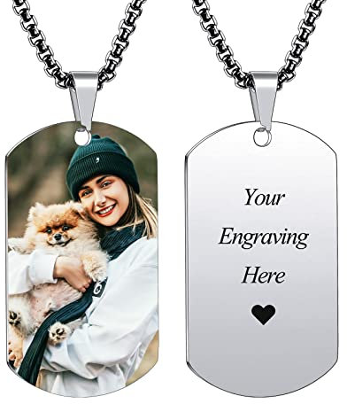 INBLUE Personalisierte Dog Tag Anhänger Halskette Gravur Text/Bilder/Erinnerung Foto Edelstahl Halskette für Männer Frauen Bündel mit verstellbarer Kette, Schlüsselanhänger, Schalldämpfer(Silberfarbe)