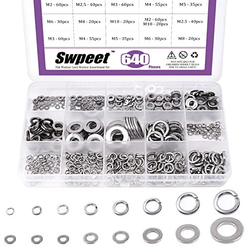 Swpeet 640 Stück 304 Edelstahl 8 verschiedene Größen M2 M2,5 M3 M4 M5 M6 M8 M10 Flachscheibe und Sicherungsscheibe Sortiment Kit, Schloss Metall Unterlegscheiben Kotflügel Unterlegscheiben Split Lock