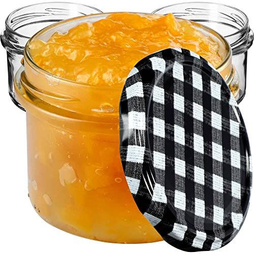 KADAX Lot de 20 bocaux à confiture de 235 ml avec couvercle à visser en noir à carreaux Ø 82 mm – Bocaux pour confiture, chutneys, légumes marinés, pâtés, saucisses, viande, aliments pour bébé et plus