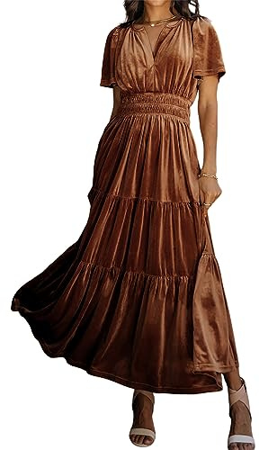 R.Vivimos Otoño Invierno Mujeres Terciopelo Maxi Vestido Manga Corta V Cuello En Capas Volante Una Línea Vestido Vintage(XL,Brown)