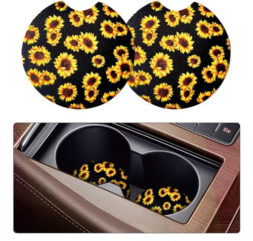 Paquete de 2 posavasos para automóvil, 2.75 pulgadas, bonitos portavasos para automóvil, alfombrilla de neopreno para portavasos para mujeres (girasol)