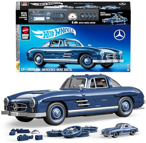 Mattel Brick Shop Hot Wheels Premium Series , juego de construcción Mercedes-Benz 300 SL. 1600 piezas, detalles realistas y piezas metálicas, para adultos coleccionistas, HWW25