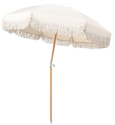 ELZEM Parasol Inclinable Blanc Avec Frange 180cm Parasol À Frange Protection UV Parasols Exterieur Inclinable Parasol Plage Anti Vent Pour Exterieur Terrasse Balcon Marché/Sac De Transport