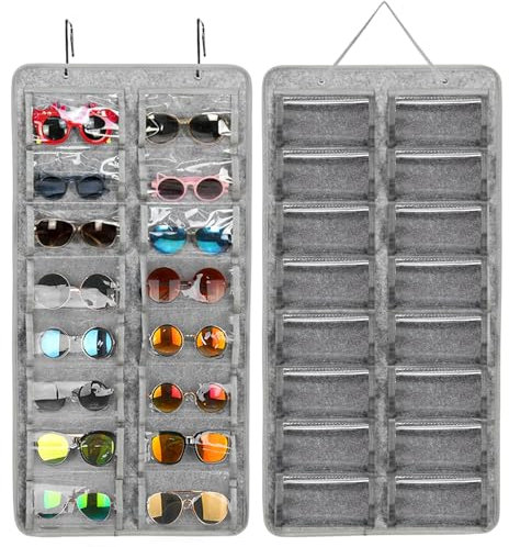 BYZESTY 16 Fächer Hängende Sonnenbrille Organizer, 2 Stück Sonnenbrillen Aufbewahrung, Aufbewahrung Sonnenbrillenhalter, Brillenhalter Wand, Wand-Filztasche für Sonnenbrillen Display, Grau