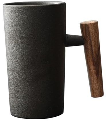Jarsense 220ml Coffee Mug with Wooden Handle, Handmade Ceramic Vintage Mug Coffee Mug Home Office Water Mug Tea Mug Gifts for Friends (Black)