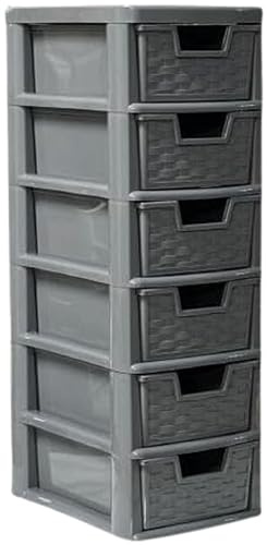 Khanary Plastic Storage Drawer Unit | 6 Tier Small Mini | Tower Home Kitchen School Stationery Office Bedroom Bath Desktop Tabletop Organizer | 26D x 19W x 60H cm| Rattan Grey