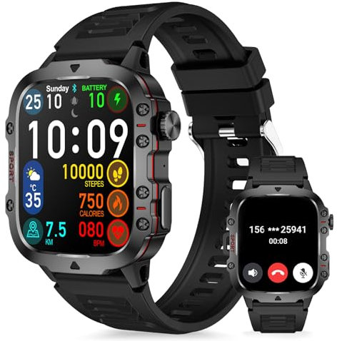 Aoekne Smartwatch Herren mit Telefonfunktion, 1,96 Zoll Uhren Fitness Tracker Uhr mit Schrittzähler Sportuhr Wasserdicht Fitnessuhr Militär Smart Watch für iOS Android