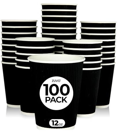Zuvo Takeaway Coffee Cups 12 OZ - NO Lids - 100 Disposable Black Ripple Coffee Cups - Ideal for Takeaways