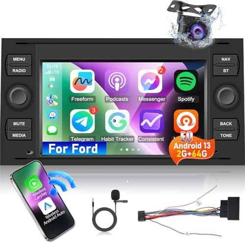 [2+64G] Autoradio Android 13 für Ford Focus/Transit/C-max/S-max/Galaxy/Fusion/Kuga/Mondeo/Connect mit Carplay & Android Auto - 7 Zoll HD Touchscreen Radio mit WiFi GPS EQ SWC + AHD Rückfahrkamera