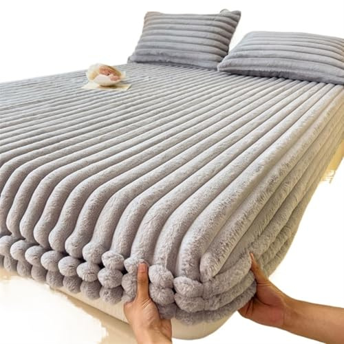 PlüSch Bettbezug King/Queen - Samt Matratzenschoner, Weiches Spannbettlaken für Studentenwohnheim & Winter, Verdicktes Bettlaken (Grau, 180x200cm - 3er Pack)