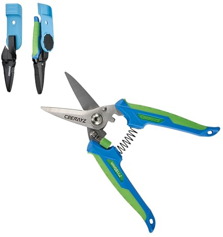 CEERAYZ 185mm Tijeras Multiusos, Tijeras podar, Tijeras Versátiles para proyectos de bricolaje, oficina, líneas de producción y poda, con funda protectora y soporte magnético (Azul/Verde)