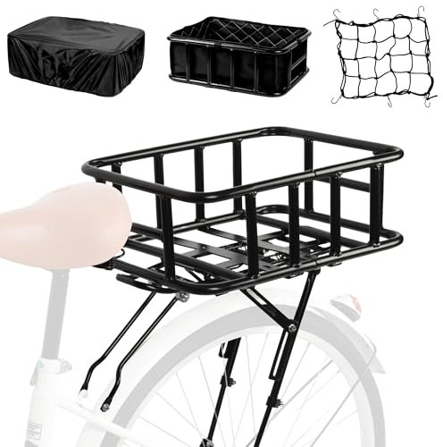 SAMRELAX Universal Rear Bike Rack with Basket - Adjustable Bicycle Cargo Rack with Cargo Net and Linner, Cycling Pannier Rack, Bike Touring Luggage Racks