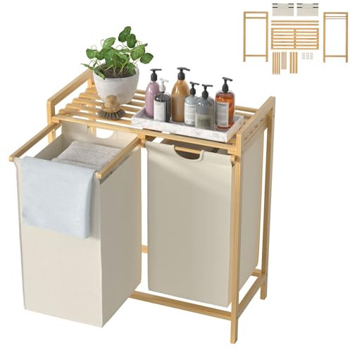 UISEBRT Bambus Wäschekorb mit 2 Fächern, 72L Wäschesortierer aus Oxford-Stoff, Wäschesortiersystem abnehmbar und waschbar, 73x64x33,5cm, Beige