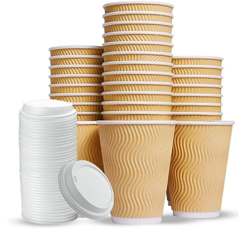 Disposable Coffee Cup with Lids 16oz 30pcs Takeaway disposables paper cup | Durable Party Cups for Water, Beer, Cocktails, BBQ, Picnics, Events, Restaurants & Catering Supplies